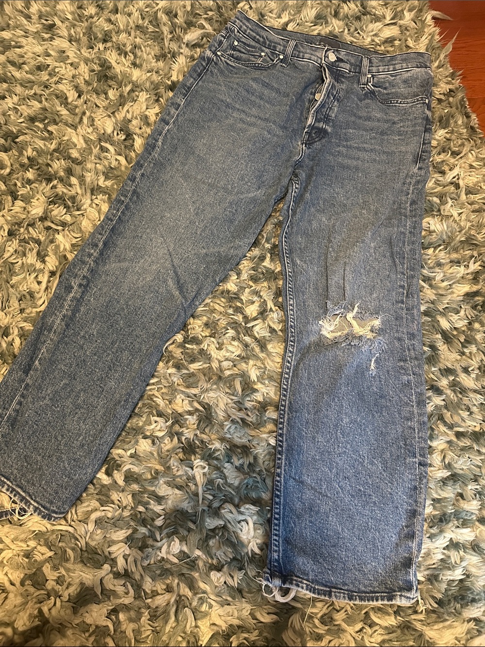 MOTHER Blue Distressed Straight-Leg Jeans